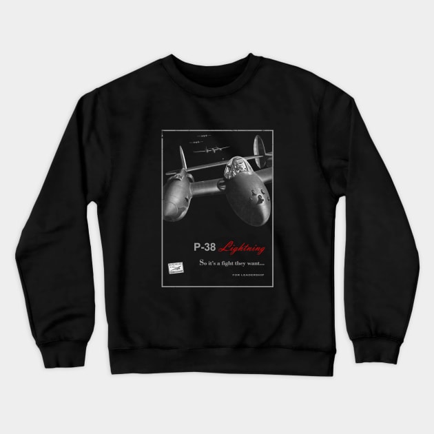 P-38 Lightning WW2 American Fighter Crewneck Sweatshirt by Jose Luiz Filho